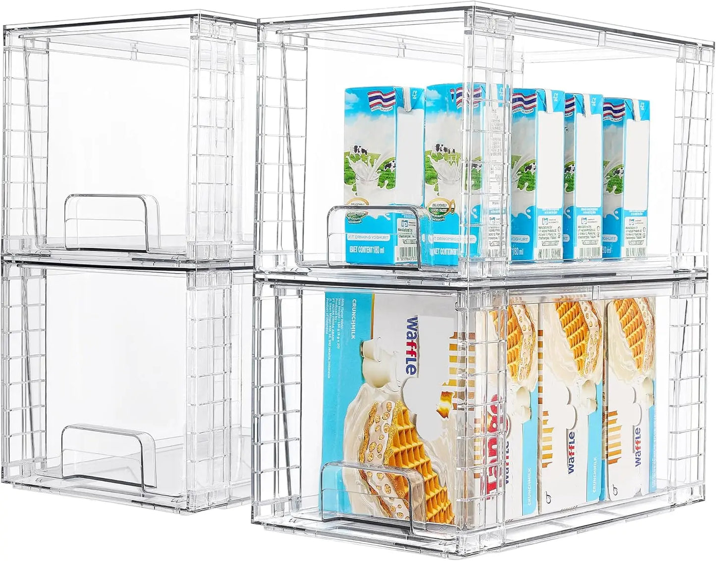 4 Pack Stackable Storage Drawers,Clear Acrylic Drawer Organizers with Handles, Easily Assemble for Fridge, Bathroom,Kit