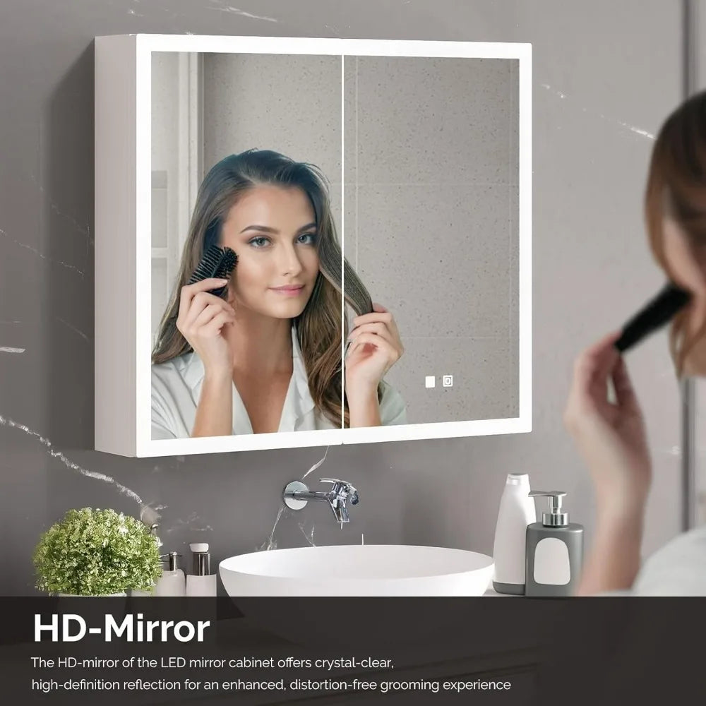 Lighted Medicine Cabinet with Mirror Bathroom Mirror Medicine Cabinet Wall Mounted with Storage LED Lights Charging Station Def