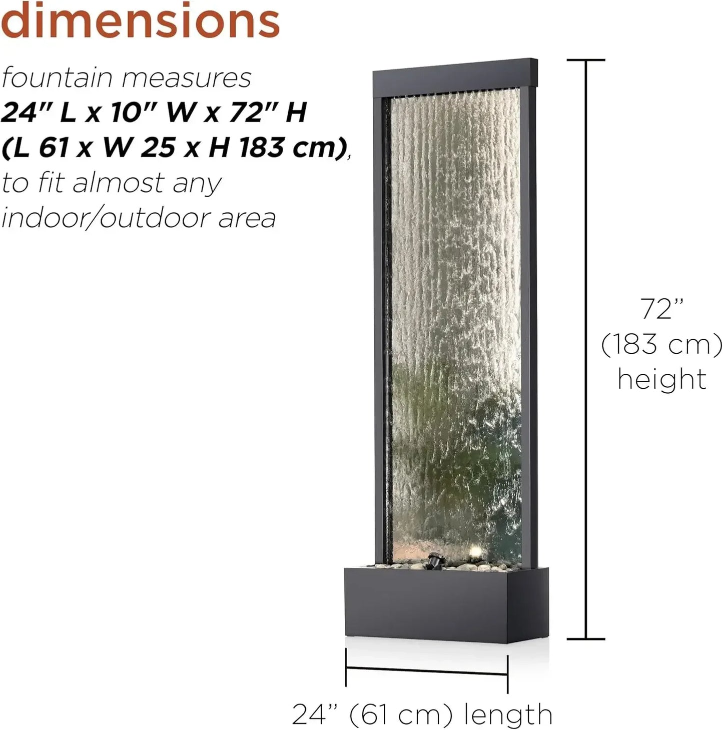 Mirror Waterfall Fountain with Stones and Lights - Zen Indoor/Outdoor Decor for Office, Living Room, Patio, Entryway - 72 Inches