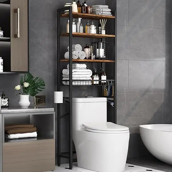 Over-The-Toilet Storage Rack, 4-Tier Bathroom Organizer Shelf Over Toilet with Adjustable Shelf and Basket, Freestanding Space S
