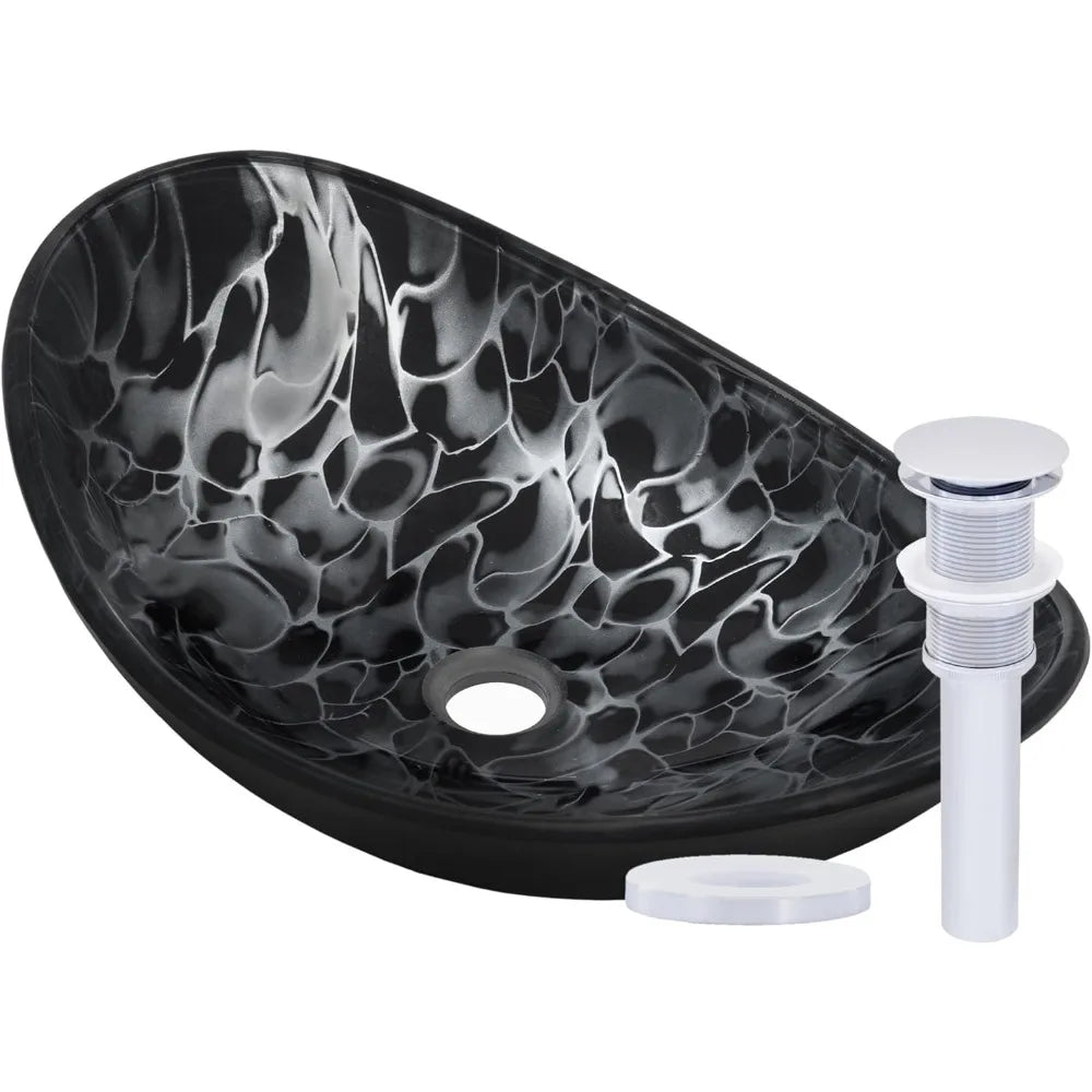 MNO-G1308210 Oval 21-1/2" Tempered Glass Vessel Bathroom Sink - Brushed Nickel Drain