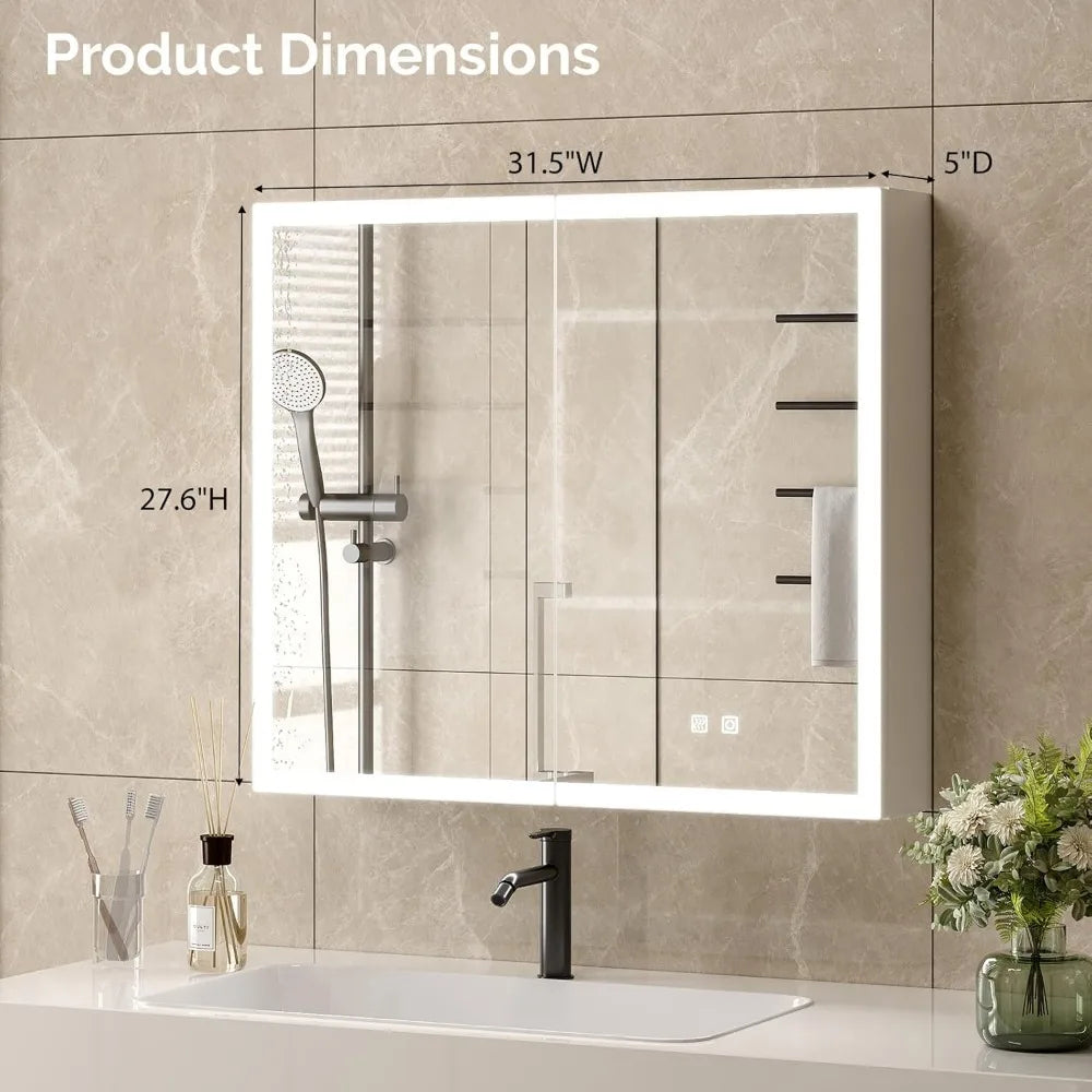 Lighted Medicine Cabinet with Mirror Bathroom Mirror Medicine Cabinet Wall Mounted with Storage LED Lights Charging Station Def