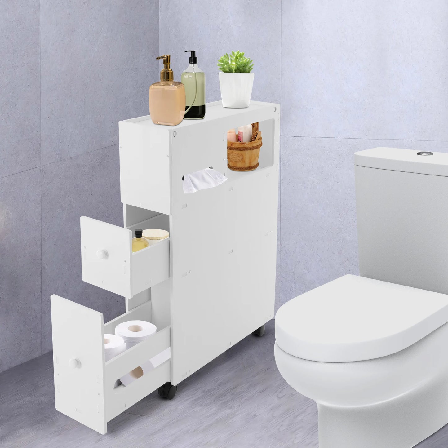 Toilet Narrow Storage Cabinet Removable Toilet Sideboard with 2 Drawers Floor Standing Bathroom Cabinet