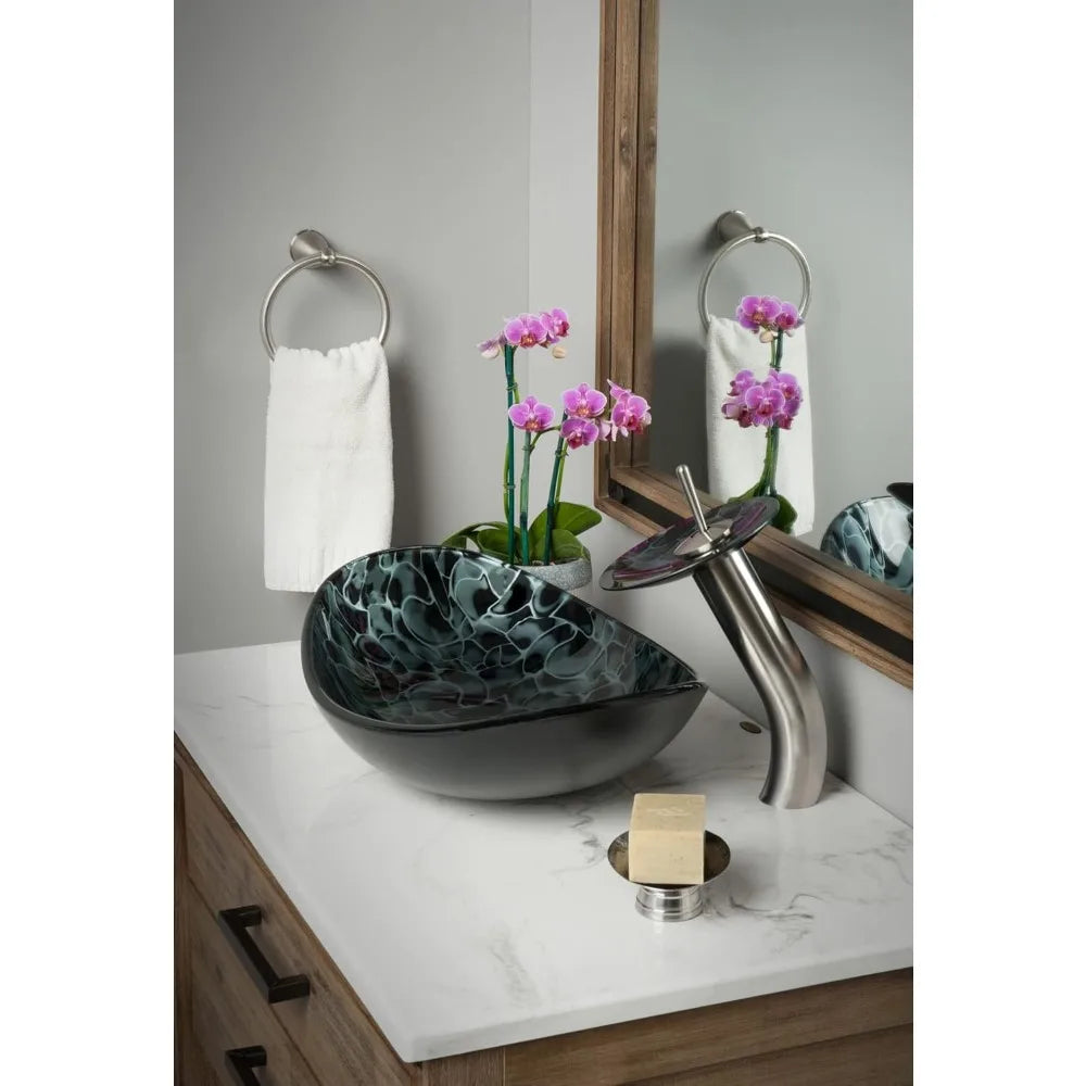 MNO-G1308210 Oval 21-1/2" Tempered Glass Vessel Bathroom Sink - Brushed Nickel Drain