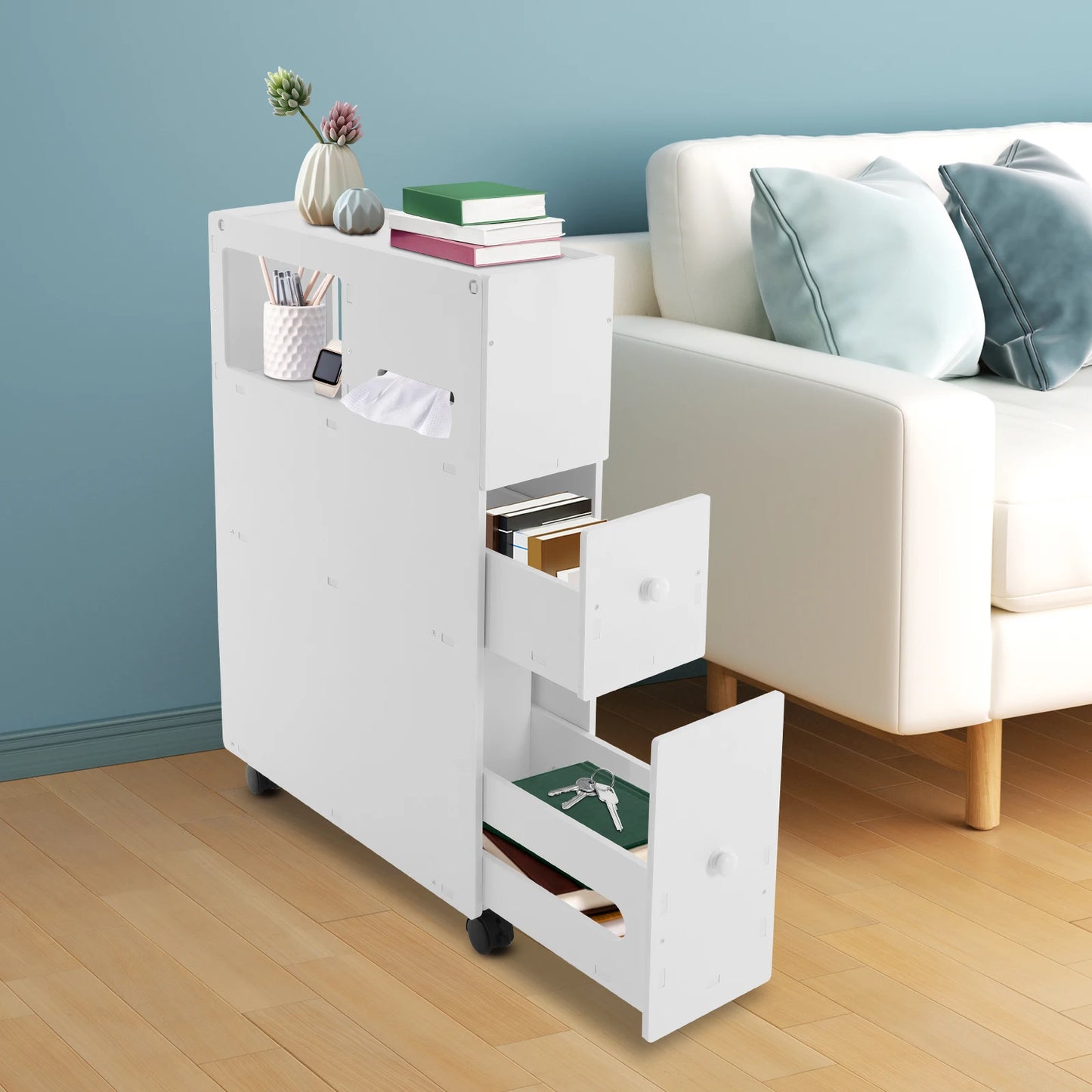 Toilet Narrow Storage Cabinet Removable Toilet Sideboard with 2 Drawers Floor Standing Bathroom Cabinet