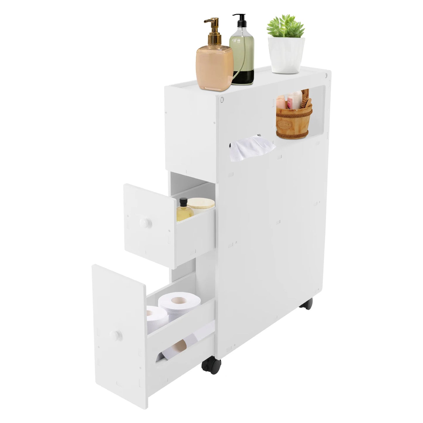 Toilet Narrow Storage Cabinet Removable Toilet Sideboard with 2 Drawers Floor Standing Bathroom Cabinet