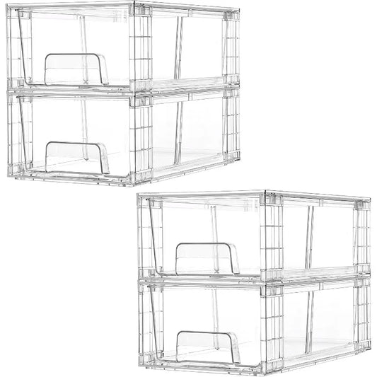 4 Pack Stackable Storage Drawers,Clear Acrylic Drawer Organizers with Handles, Easily Assemble for Fridge, Bathroom,Kit