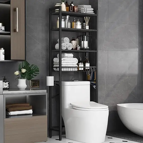 Over-The-Toilet Storage Rack, 4-Tier Bathroom Organizer Shelf Over Toilet with Adjustable Shelf and Basket, Freestanding Space S