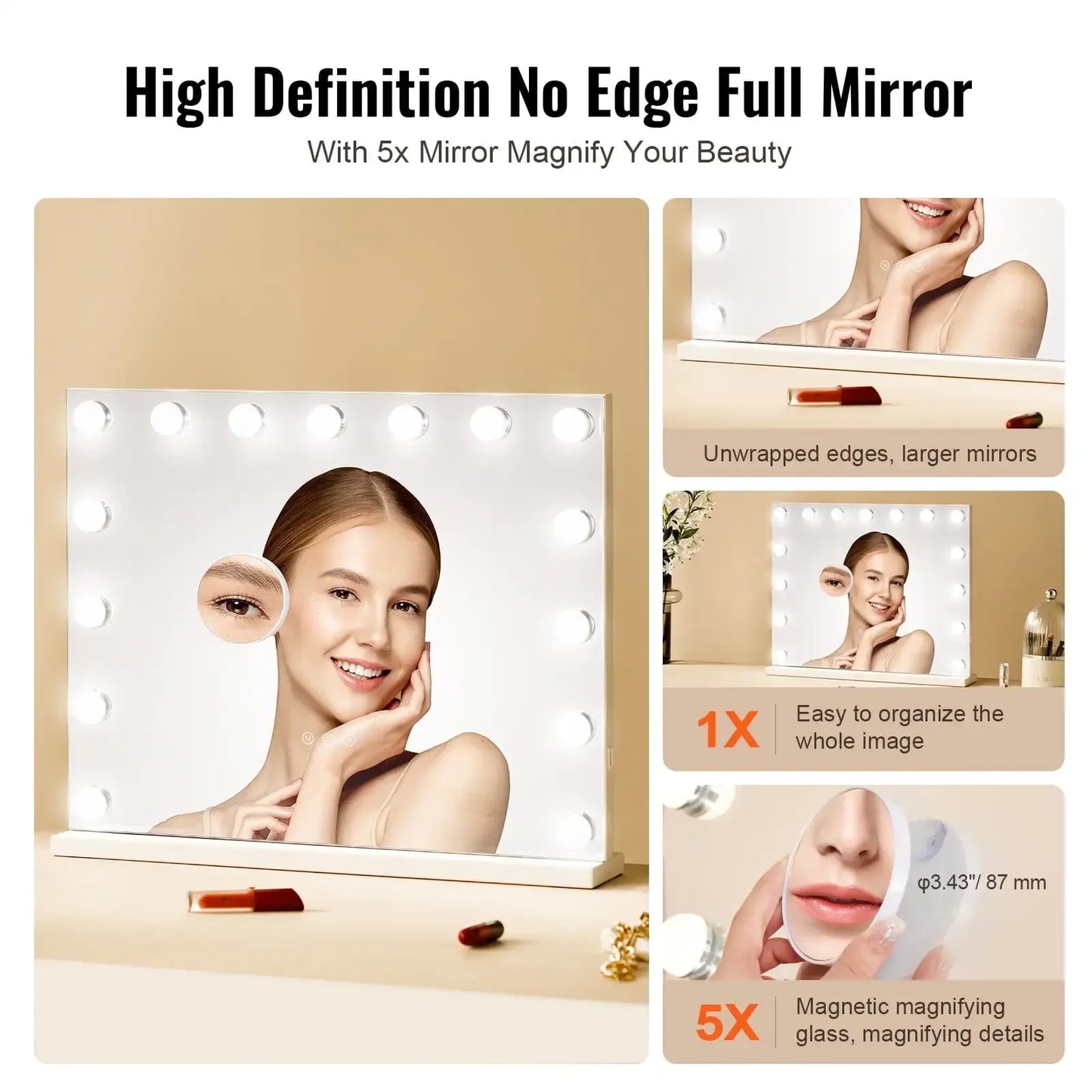 Hollywood Vanity Mirror With Lights w/ USB Desktop Wall-mount 22.8x18.1 in