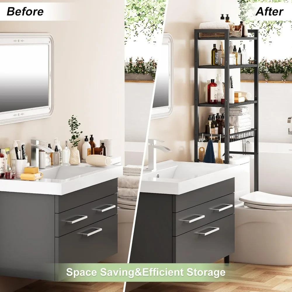 Over-The-Toilet Storage Rack, 4-Tier Bathroom Organizer Shelf Over Toilet with Adjustable Shelf and Basket, Freestanding Space S