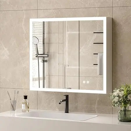 Lighted Medicine Cabinet with Mirror Bathroom Mirror Medicine Cabinet Wall Mounted with Storage LED Lights Charging Station Def