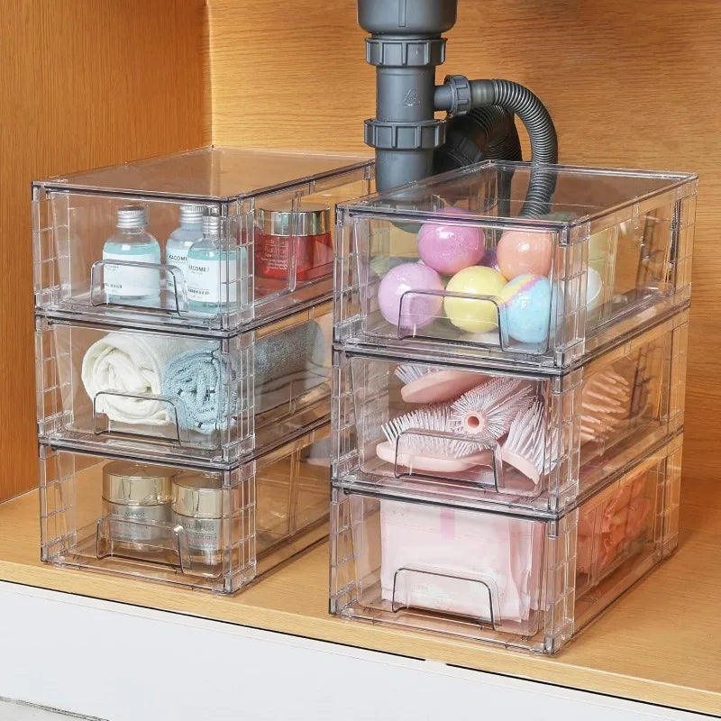 4 Pack Stackable Storage Drawers,Clear Acrylic Drawer Organizers with Handles, Easily Assemble for Fridge, Bathroom,Kit