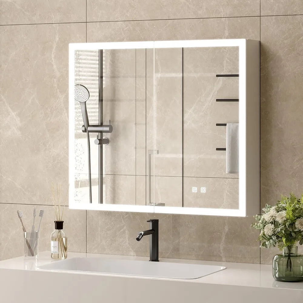 Lighted Medicine Cabinet with Mirror Bathroom Mirror Medicine Cabinet Wall Mounted with Storage LED Lights Charging Station Def