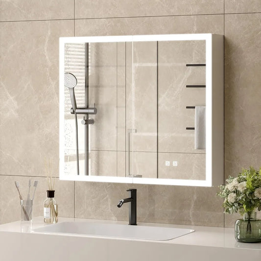 Lighted Medicine Cabinet with Mirror Bathroom Mirror Medicine Cabinet Wall Mounted with Storage LED Lights Charging Station Def