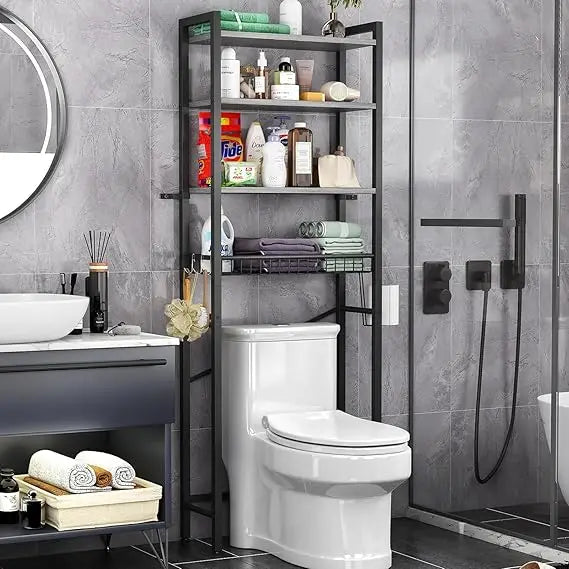 Over-The-Toilet Storage Rack, 4-Tier Bathroom Organizer Shelf Over Toilet with Adjustable Shelf and Basket, Freestanding Space S