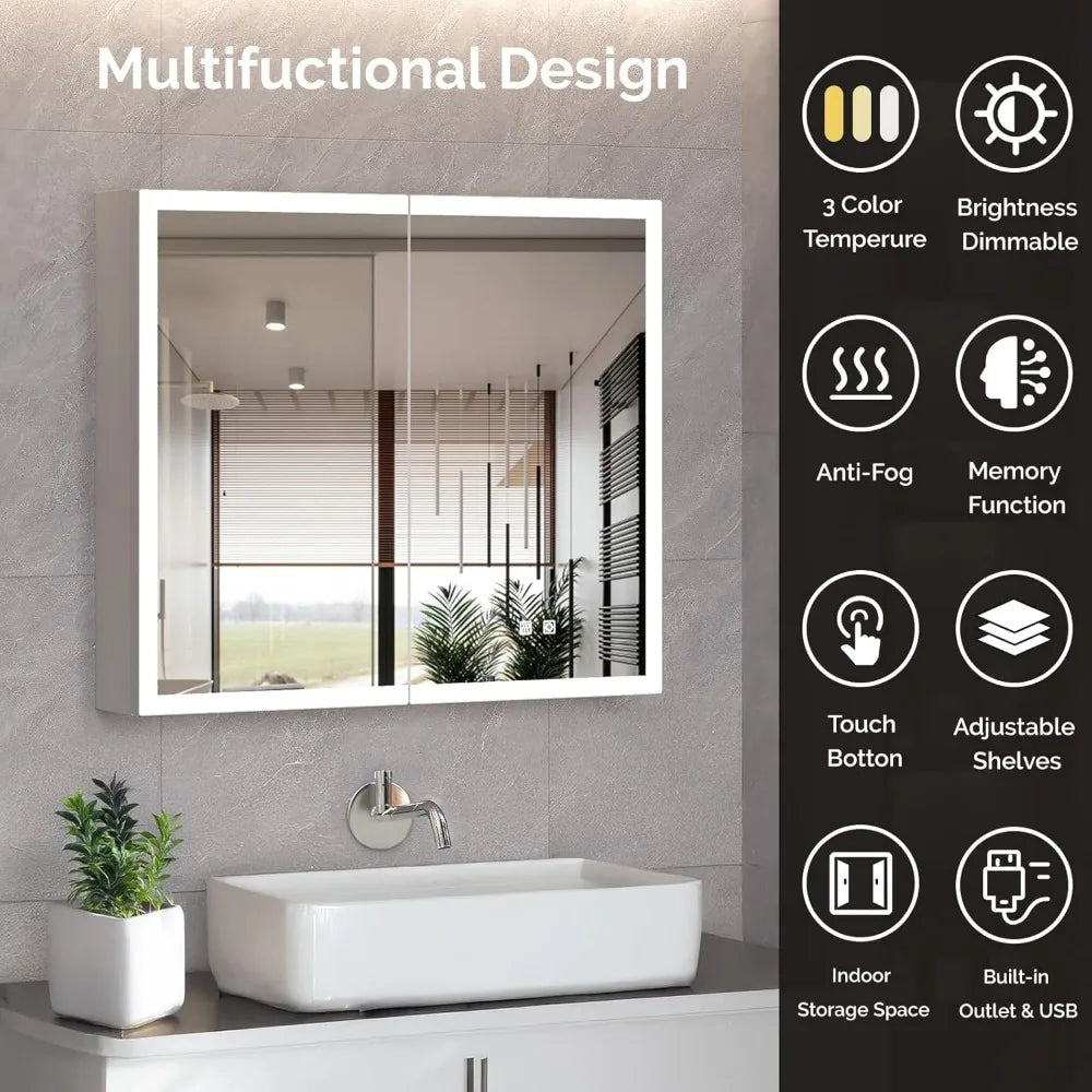 Lighted Medicine Cabinet with Mirror Bathroom Mirror Medicine Cabinet Wall Mounted with Storage LED Lights Charging Station Def