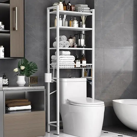 Over-The-Toilet Storage Rack, 4-Tier Bathroom Organizer Shelf Over Toilet with Adjustable Shelf and Basket, Freestanding Space S