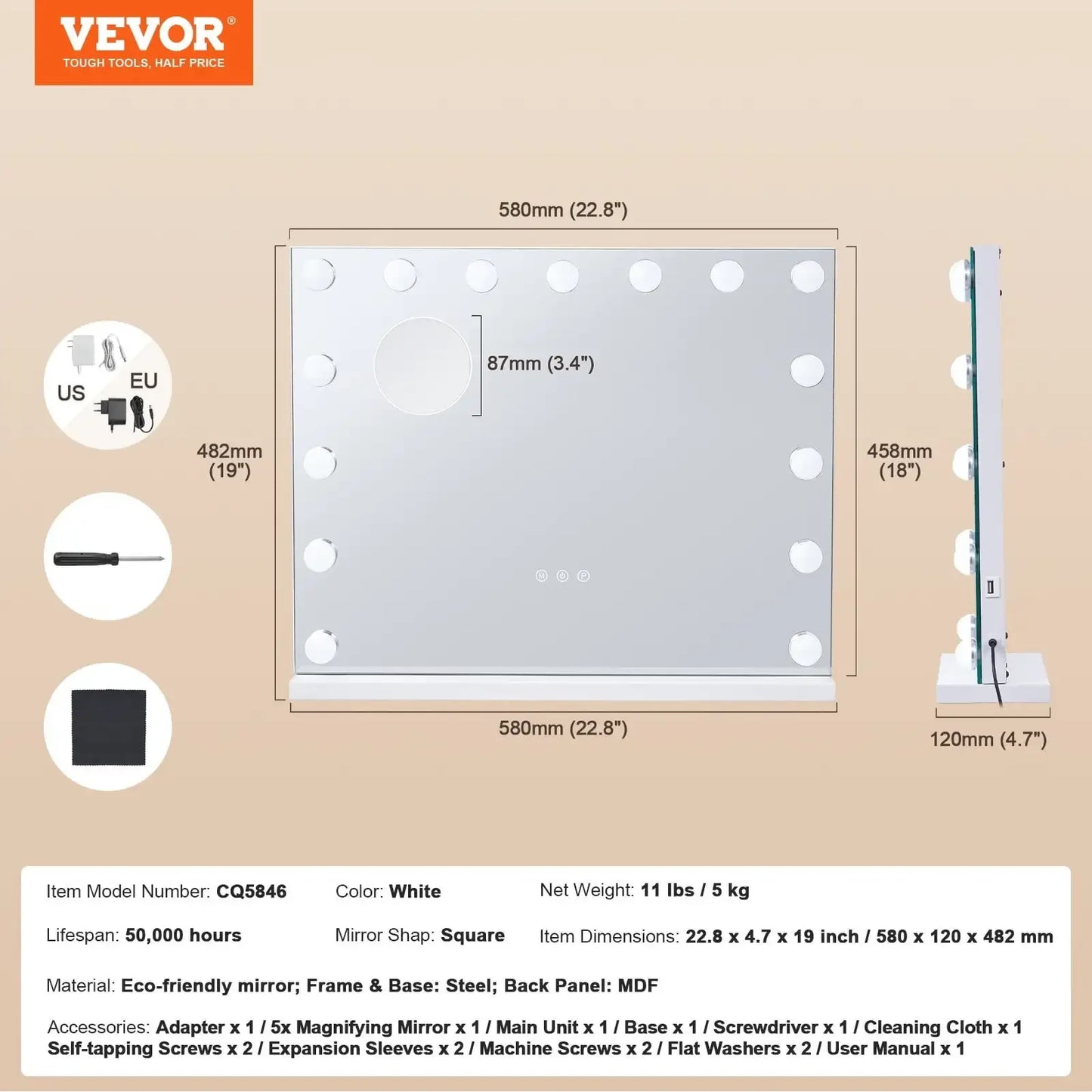 Hollywood Vanity Mirror With Lights w/ USB Desktop Wall-mount 22.8x18.1 in