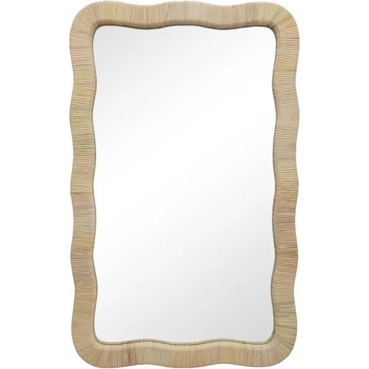 Rattan Wall Mirror, Irregular Wave Mirror, Decorative Wall Mirror for Living Room, Bedroom, Bathroom, 23.6" W x 1.4" D x 37.8"