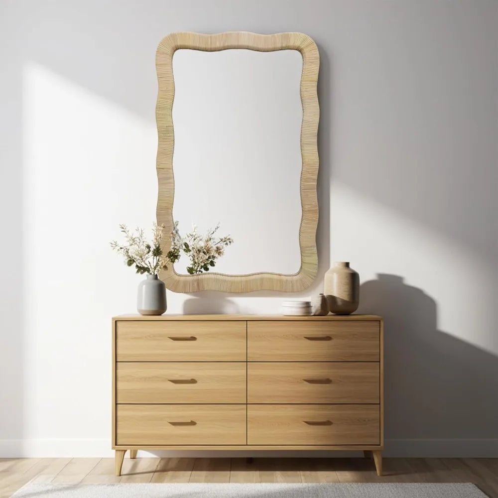 Rattan Wall Mirror, Irregular Wave Mirror, Decorative Wall Mirror for Living Room, Bedroom, Bathroom, 23.6" W x 1.4" D x 37.8"