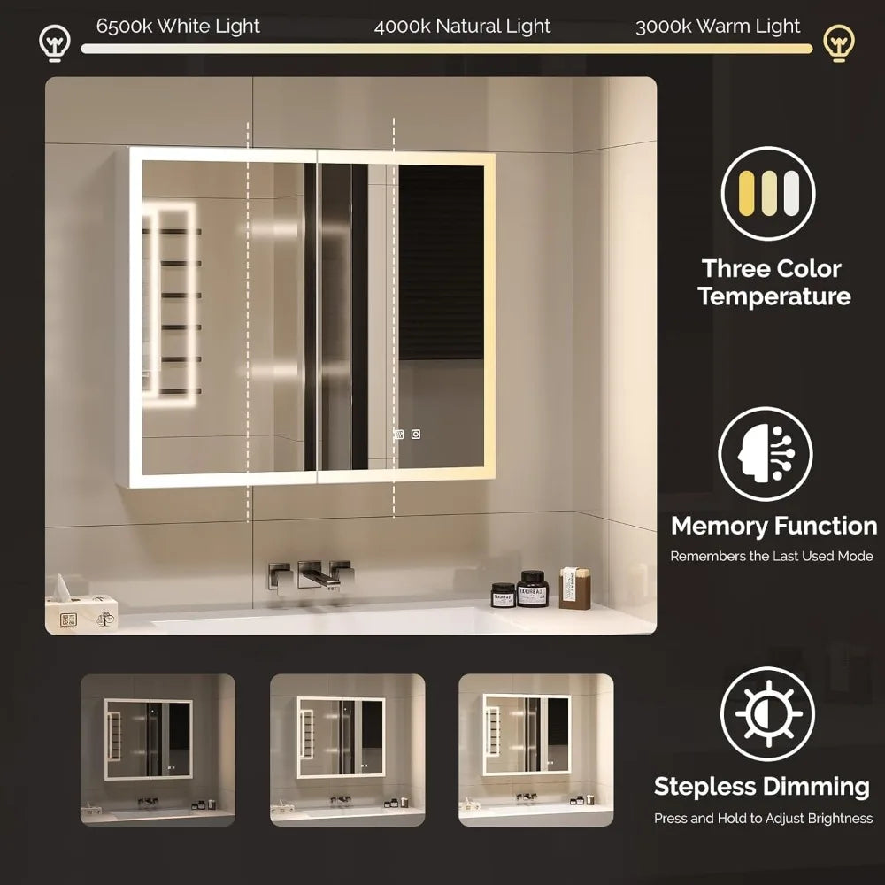 Lighted Medicine Cabinet with Mirror Bathroom Mirror Medicine Cabinet Wall Mounted with Storage LED Lights Charging Station Def