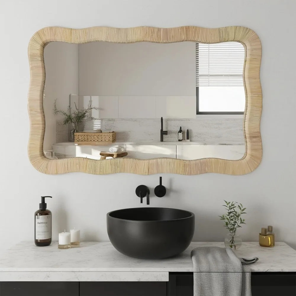 Rattan Wall Mirror, Irregular Wave Mirror, Decorative Wall Mirror for Living Room, Bedroom, Bathroom, 23.6" W x 1.4" D x 37.8"