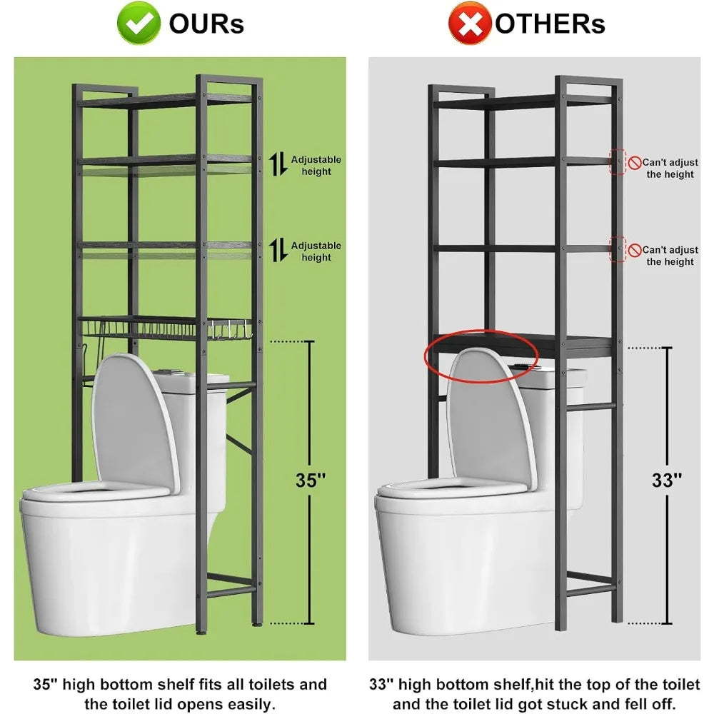 Over-The-Toilet Storage Rack, 4-Tier Bathroom Organizer Shelf Over Toilet with Adjustable Shelf and Basket, Freestanding Space S