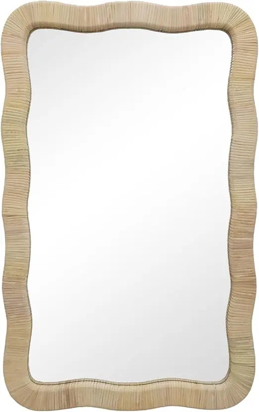 Rattan Wall Mirror, Irregular Wave Mirror, Decorative Wall Mirror for Living Room, Bedroom, Bathroom, 23.6" W x 1.4" D x 37.8"
